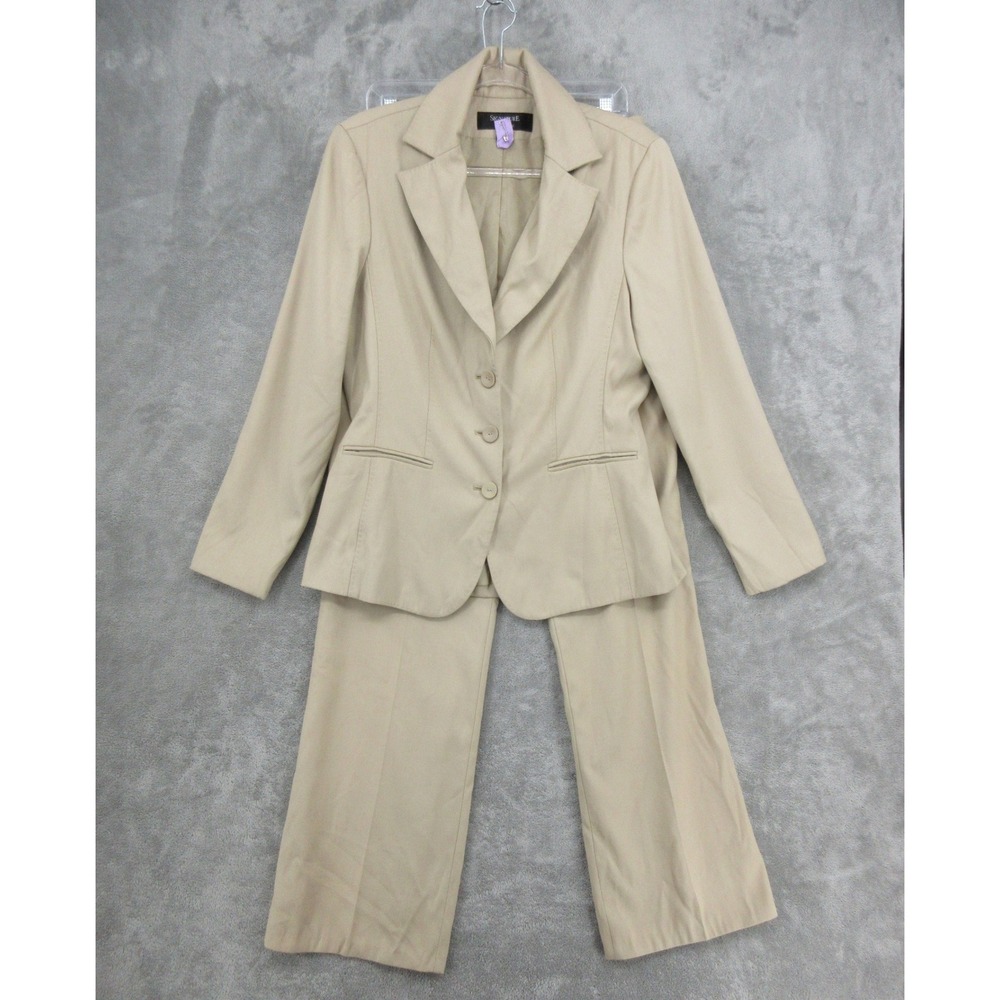 Larry Levine Pant Suit Womens Size 10 Straight Leg Office Blazer Career Beige